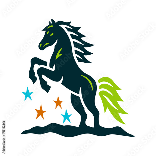 Patriotic Horse Logo with Stars and Stripes Independence Day Vibrant green outline of a charging horse with a flowing mane evoking liberty