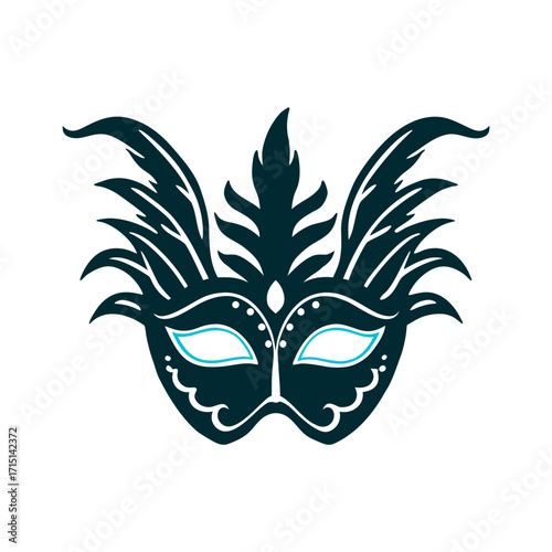 Elegant Feathered Masquerade Mask Vector Graphic Carnaval Solid golden yellow masquerade mask with feathered plumes sharp angles and hollow eyes.