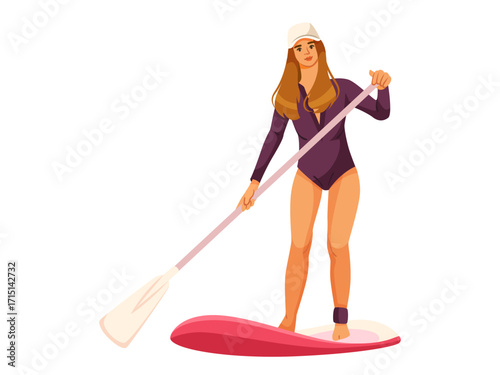 Female athlete paddleboarding on red surfboard in flat cartoon style on white background. Concept of summer water sport. Vector illustration