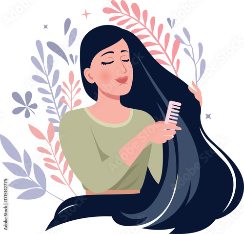 Young Woman Doing Hair Care Routine Vector