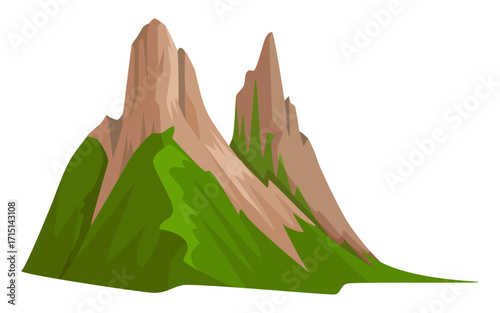 Stylized tall mountain peaks with green slopes in flat graphic style on white background. Concept of nature, travel, and landscape. Vector illustration