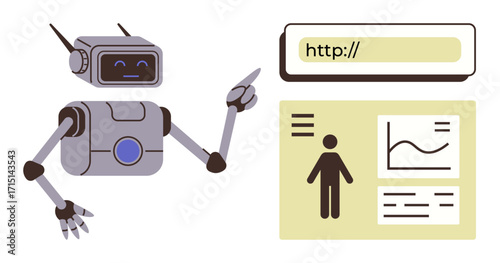 Robot with antenna pointing at URL bar, next to panel with user data and chart. Ideal for technology, automation, AI, online tools, web navigation, education, future trends simple flat metaphor