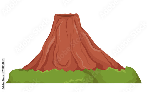 Stylized volcano with red rocky slopes and green vegetation at the base on white background. Concept of nature and geology. Vector illustration