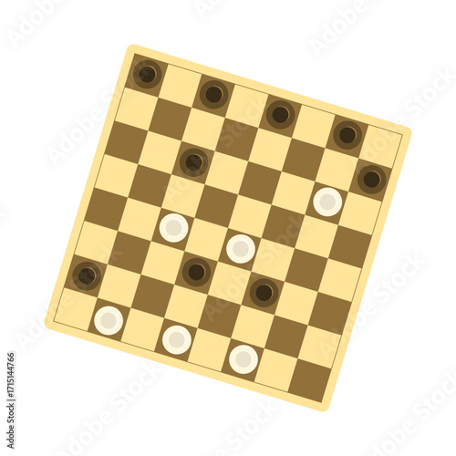 Checkers board with black and white pieces on brown and beige squares, flat style, isolated on white background. Concept of board game strategy. Vector illustration
