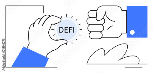 Hand holding DEFI coin with glow effect and another hand clenched in a fist. Ideal for finance, blockchain, digital currency, investment, fintech, decentralization, disruptive technology themes