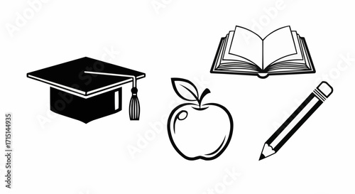 Celebrate Academic Achievements with Graduation Cap, Apple, Book, and Pencil - A Symbol of Knowledge, Learning, and Education Success, Originally Vector Art