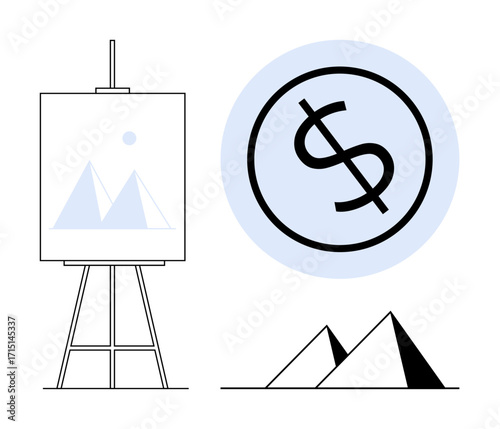 Art easel with geometric illustrations, dollar sign over circle, pyramid shapes. Ideal for creativity, design, art business, economics, finance investment success. Simple flat metaphor