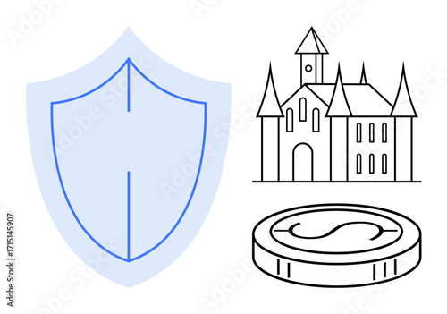Shield for defense, castle for legacy, coin for wealth. Ideal for finance, security, heritage, investment, protection stability and trust themes. Simple flat metaphor