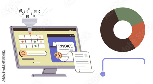 Computer screen with invoice and data funnel, pie chart, search and payment elements. Ideal for finance, business, automation, analytics, payment processing efficiency digital transformation. Clean