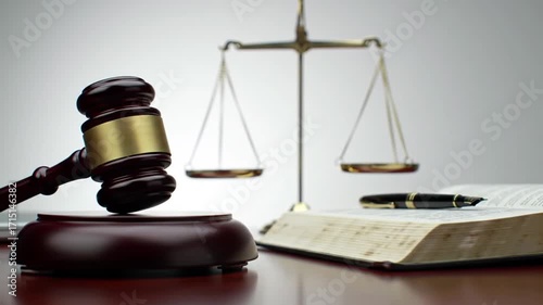 A wooden gavel and sound block next to a brass scale of justice, an open law book, and a pen on a polished desk, symbolizing legal proceedings and the justice system.
