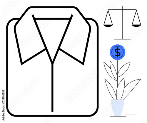 Clean shirt outline, scales, and a money plant with a dollar coin emphasize professionalism, justice, financial growth, and ethical values. Ideal for business, law, finance ethics corporate