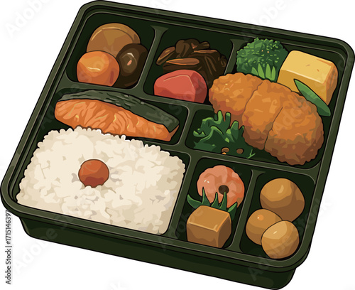具だくさんの幕の内弁当のイラスト