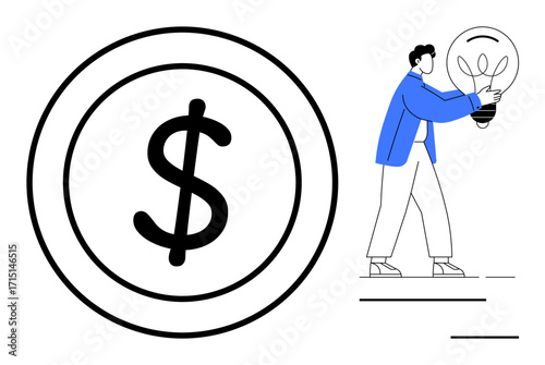 Person holds a lit light bulb near a bold dollar sign circle, symbolizing creativity, financial success, and innovation. Ideal for business, strategy, entrepreneurship, investment, economy