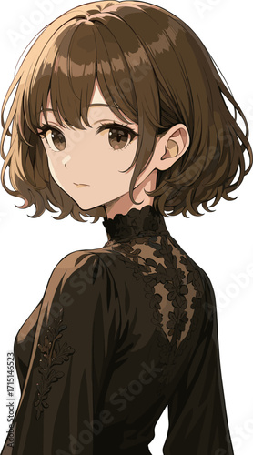 振り向く黒服の女性のイラスト