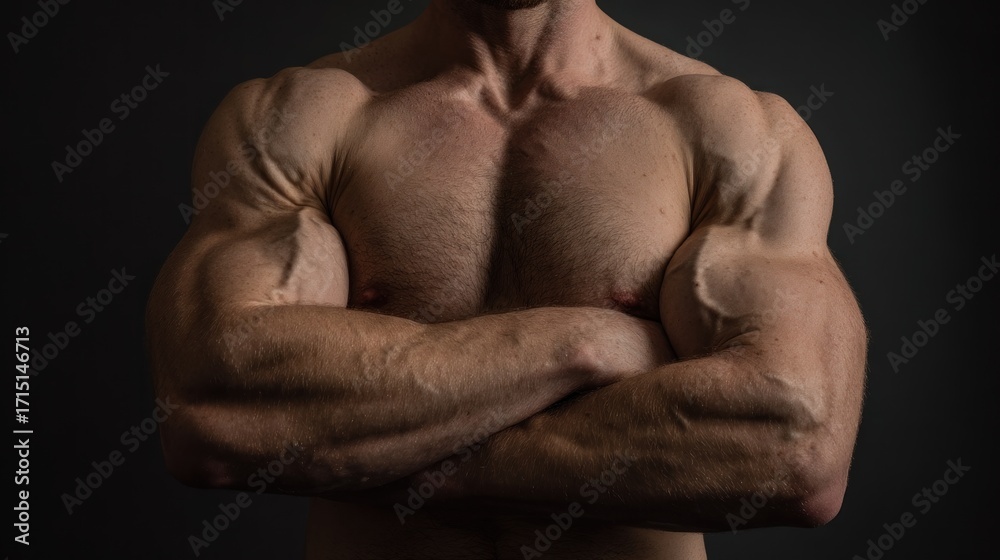 Fototapeta premium Powerful male torso with muscular physique against a dark background