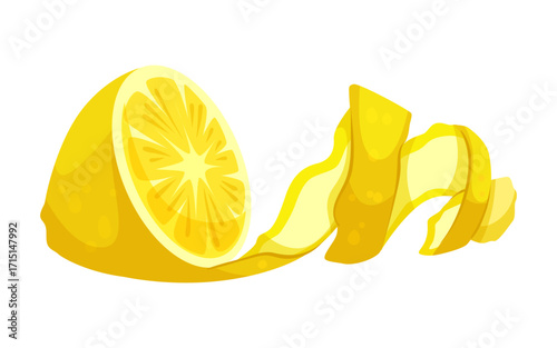 Fresh lemon slice with curled peel shown in cartoon graphic style on white background. Concept of citrus fruit freshness. Vector illustration