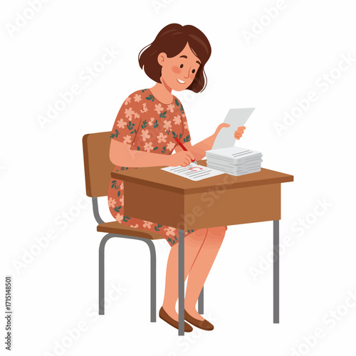 A young woman sits at a desk, diligently writing on a piece of paper with a pen, surrounded by stacks of documents.