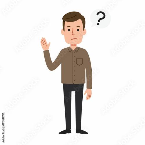 A confused man with a question mark above his head, raising his hand in a gesture of uncertainty.
