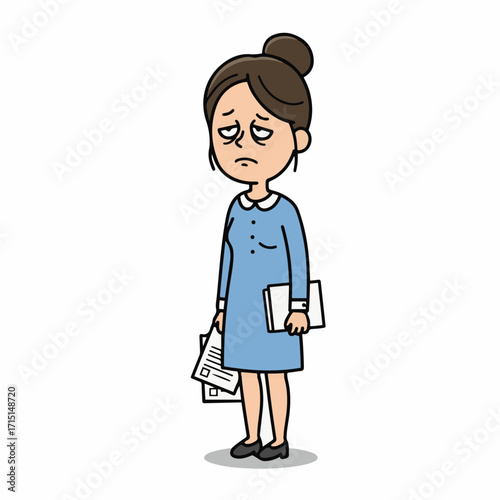 A tired woman with dark circles under her eyes, wearing a blue dress and holding papers, looking exhausted.
