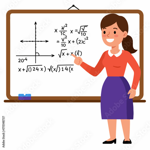 A smiling female teacher points to a whiteboard filled with mathematical equations and a graph.
