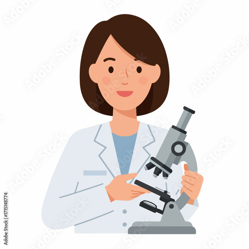 A female scientist in a lab coat holding a microscope, ready for research.