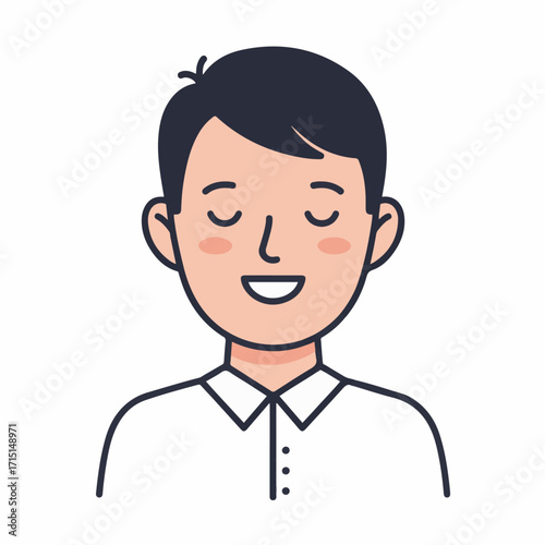 A simple, friendly illustration of a young man with closed eyes and a smile, wearing a white collared shirt.