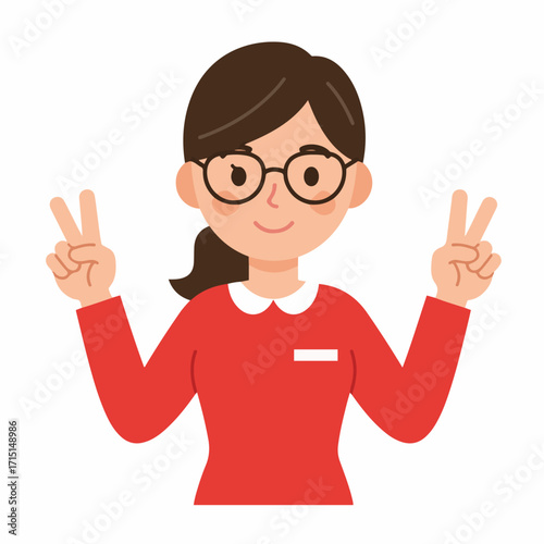 A woman wearing glasses and a red shirt is holding up two fingers on each hand in a peace sign.