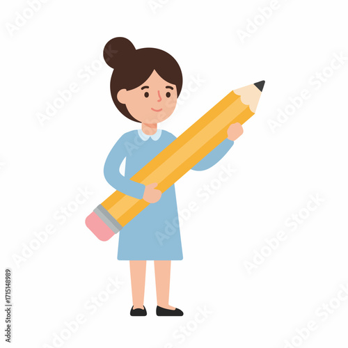 A young woman in a blue dress holding a large yellow pencil with a pink eraser.