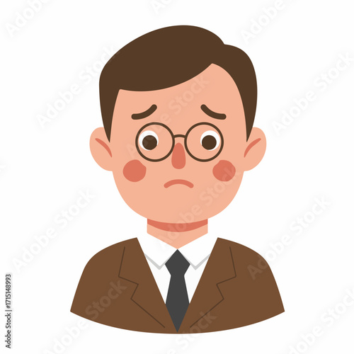 A sad man wearing glasses and a suit, with rosy cheeks and a worried expression.