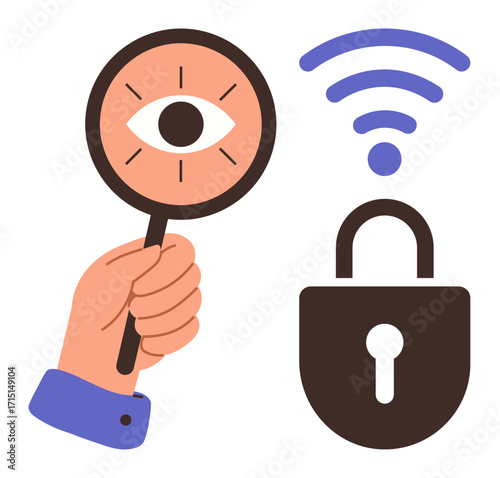 Magnifying glass with an eye symbol held by a hand alongside a padlock and wireless signal representing cyber security and data scrutiny. Ideal for privacy, technology, network, security