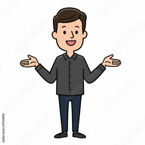 A cartoon illustration of a man with short brown hair and a friendly smile, wearing a dark grey collared shirt and dark blue pants, with his arms outstretched to the sides.