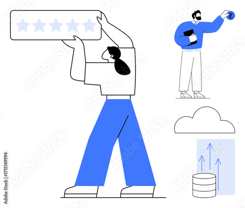 Woman holding five-star rating, man interacting with data, cloud, growth chart, database. Ideal for feedback, customer satisfaction, analytics, cloud computing growth data storage simple flat