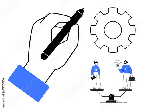 Hand holding pen sketching gear, two people balancing on scales, and sharing an idea. Ideal for teamwork, business ethics, idea generation, innovation, equality, decision-making simple flat metaphor