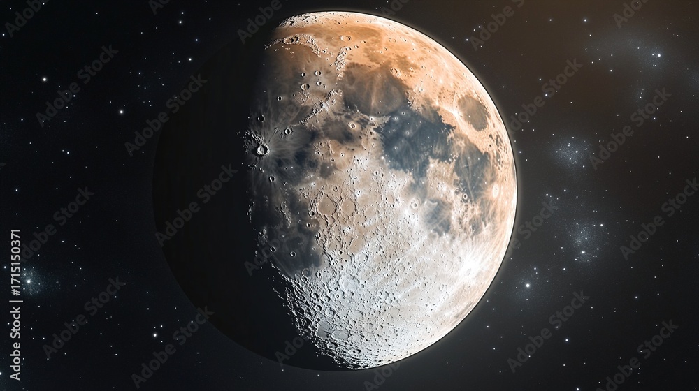 Naklejka premium Subtle penumbral lunar eclipse with gentle darkening across part of the Moonâ€™s face, natural color preserved in soft tones.