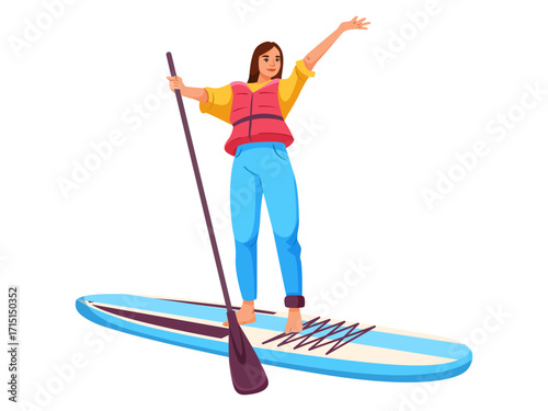 Female athlete standing on paddleboard in casual clothes and life vest holding paddle, flat style on white background. Concept of water sport. Vector illustration