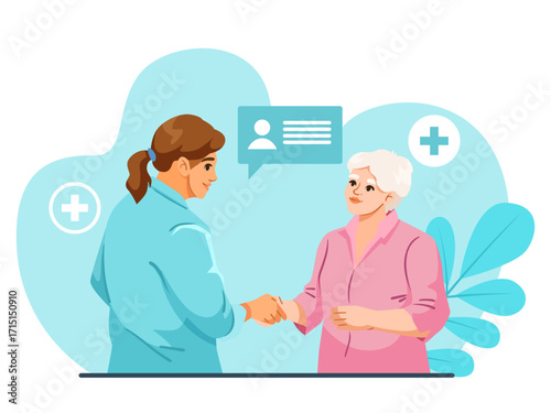 Female doctor and senior woman shaking hands in hospital environment, flat cartoon style, blue background, concept of healthcare support. Vector illustration