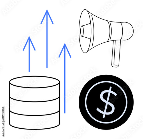 Data stack with upward arrows, a megaphone, and a dollar coin highlight financial growth, advertising impact, and analytical success. Ideal for marketing, investment, fintech, startups business