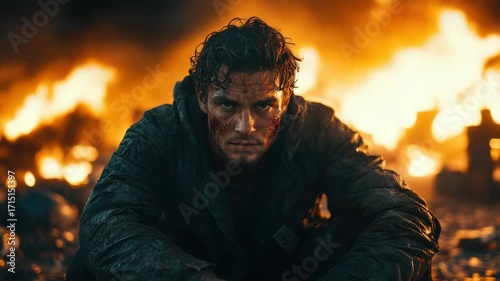 A weathered man crouched amidst burning debris, his face marred by scars and soot