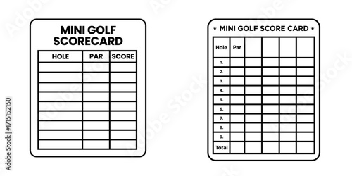 Sporting documents vector set showcasing two different mini golf scorecard templates, designed for tracking hole-by-hole scores, par, and total points, ideal for recreational activity guides.
