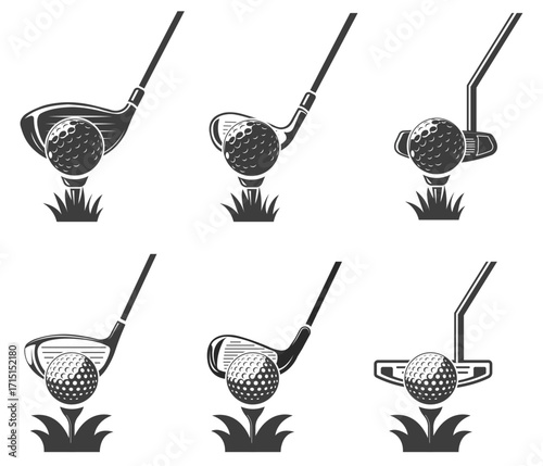 Golfing action vector set showcasing six dynamic illustrations of various golf clubs striking a ball on a tee amidst grass, perfect for sports infographics and themed graphic designs