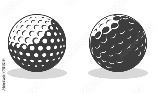 Sporting goods vector illustrations featuring a pair of textured golf balls, one predominantly white with black dimples and the other primarily black with white dimples, ideal for design templates