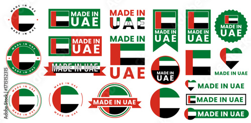 National product label vector set showcasing a variety of badges and stickers with the UAE flag and text Made in UAE, symbolizing origin and quality for product branding, marketing,