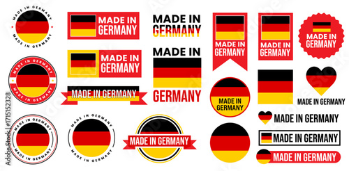 Professional vector emblem collection featuring a variety of badges and labels with the German flag and Made in Germany text, ideal for product packaging, branding and representing country of origin.