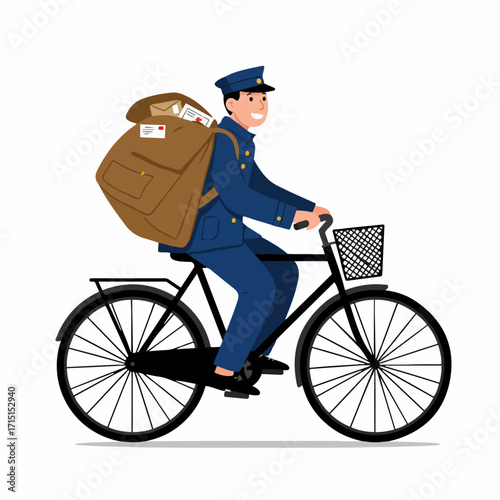 A smiling mail carrier in a blue uniform rides a bicycle with a large bag of mail on his back.