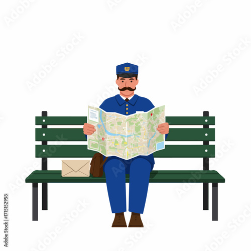 A mail carrier wearing a blue uniform and hat sits on a park bench, studying a large map.