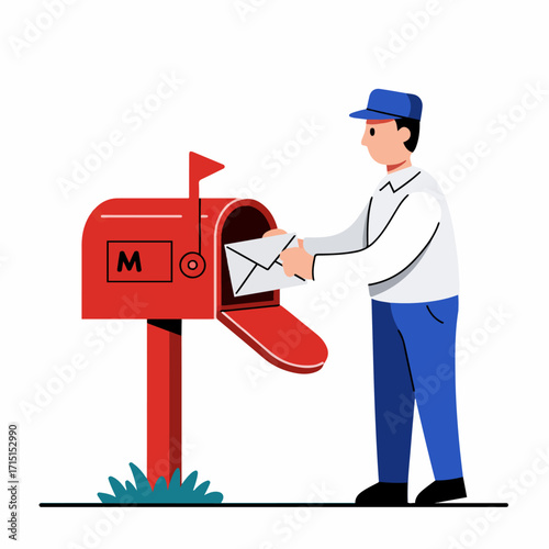 A mail carrier in uniform places a letter into a red mailbox on a post.
