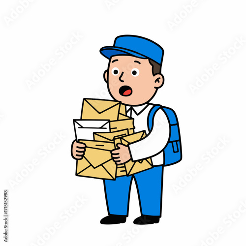 A surprised mail carrier wearing a blue uniform and cap, carrying a large stack of envelopes and a backpack.