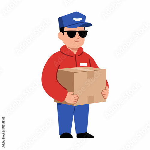 A delivery person wearing sunglasses and a red jacket holds a cardboard box, ready for shipment.