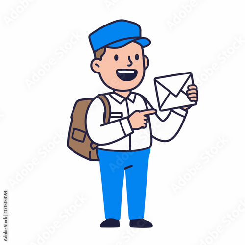 A smiling mail carrier wearing a blue cap and uniform, holding an envelope and pointing to it, with a backpack on his shoulder.