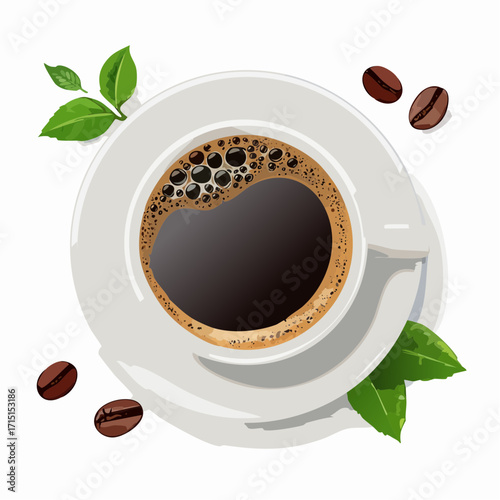 Coffee in a white cup with green leaves and coffee beans on a simple background showcasing a warm beverage experience